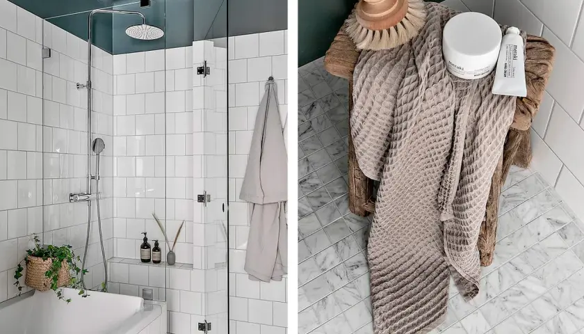 Ett modernt badrum med vitt kakel, dusch och badkar. På en pall ligger en handduk, kräm och borste. Perfekt för att måla tak badrum.