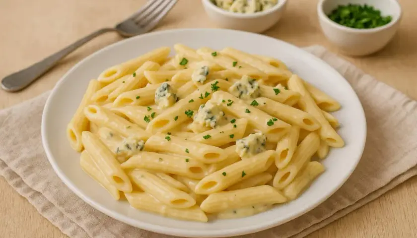 Penne w kremowym sosie z gorgonzolą i mascarpone, posypane natką pietruszki. Idealne danie dla miłośników serowych smaków.