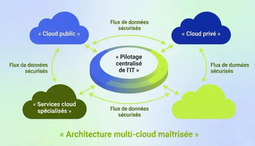 Schéma illustrant le pilotage centralisé de l'IT dans une architecture multi-cloud maîtrisée, avec des flux de données sécurisés entre cloud public, privé et services spécialisés.