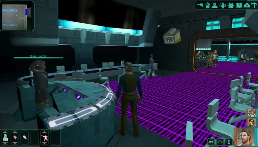Postacie w grze Star Wars: Knights of the Old Republic II, z widocznym interfejsem i menu, sugerujące kotor 2 spolszczenie.
