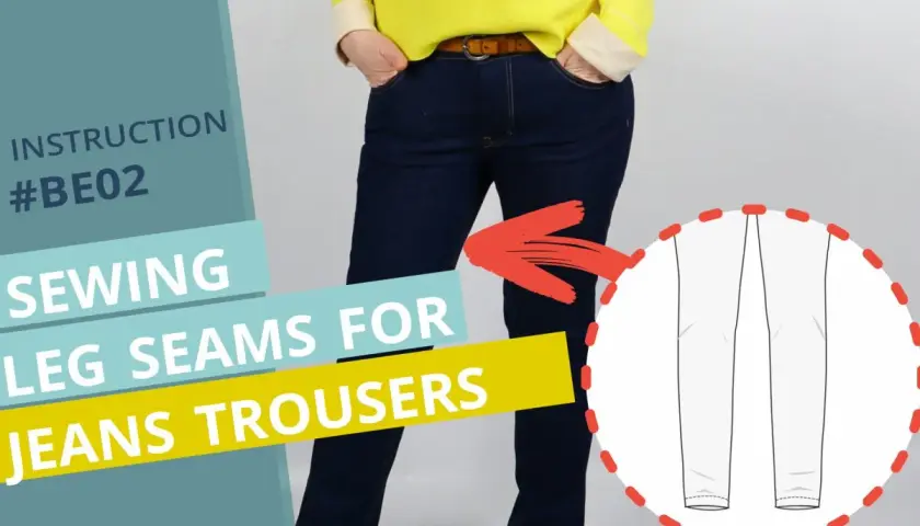 Learn how to sew pants crotch seams for jeans trousers. This instruction #BE02 shows the leg seams.