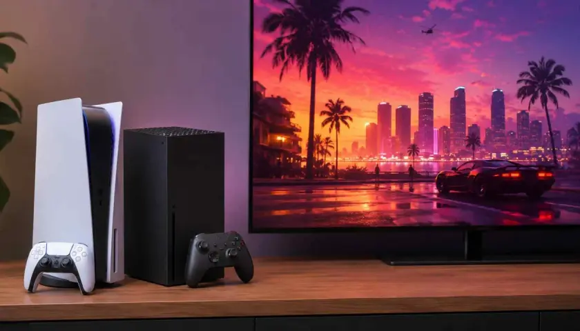 Konsola PS5 i Xbox Series X obok telewizora z widokiem na miasto i samochód, jak z gry GTA 6.