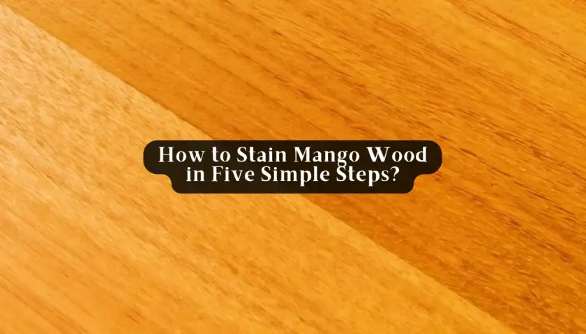 Close-up of a wooden surface, showing how to stain mango wood. The grain is visible, with a darker section on the left.