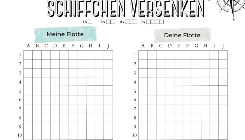 Spielbrett für das Schiffe versenken Spiel mit zwei Feldern: "Meine Flotte" und "Deine Flotte".