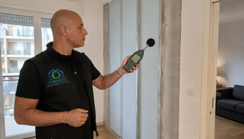 Tecnico misura rumore con fonometro per capire come non sentire la tv del vicino.