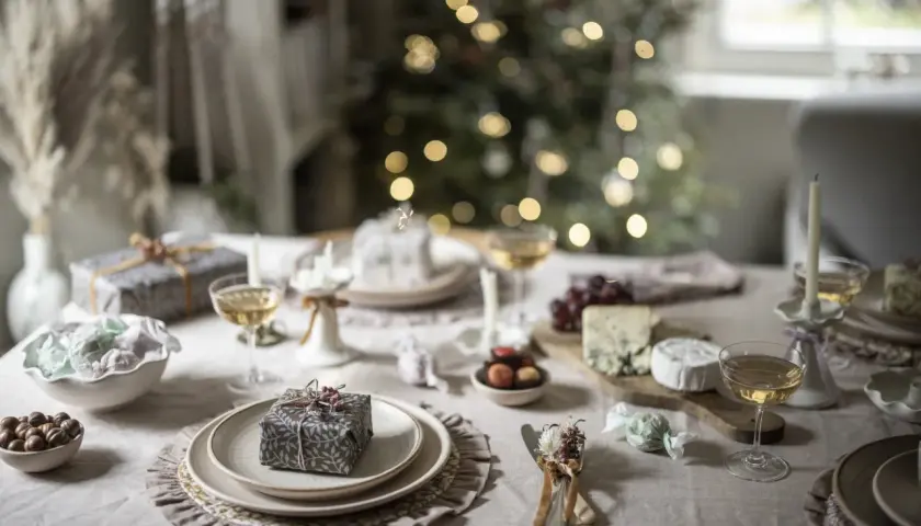 Elegant Christmas tablescape ideas: a festive table set with gifts, cheese, grapes, and champagne, with a blurred Christmas tree in the background.