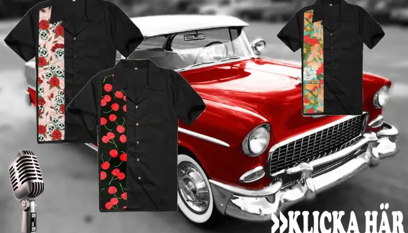 Rockabilly frisyr herr-inspirerade skjortor med dödskallar, körsbär och pin-up-motiv. En röd klassisk bil i bakgrunden.