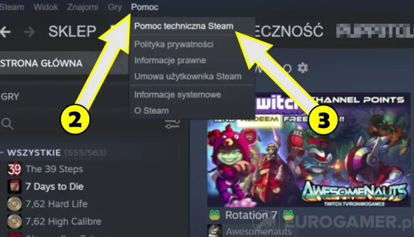 Szukasz informacji, kiedy możesz zwrócić grę na Steam? Kliknij "Pomoc", a następnie "Pomoc techniczna Steam".