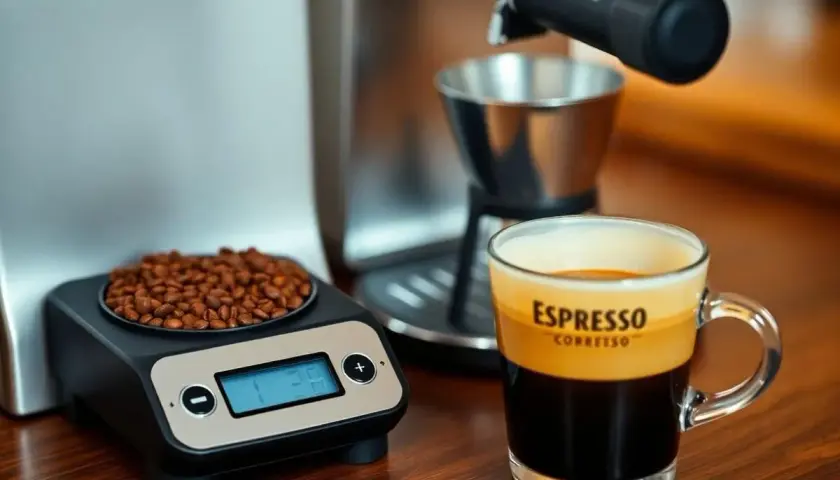 Waga pokazuje 18g ziaren kawy, idealna ilość na filiżankę espresso. Obok stoi szklanka z aromatycznym napojem.