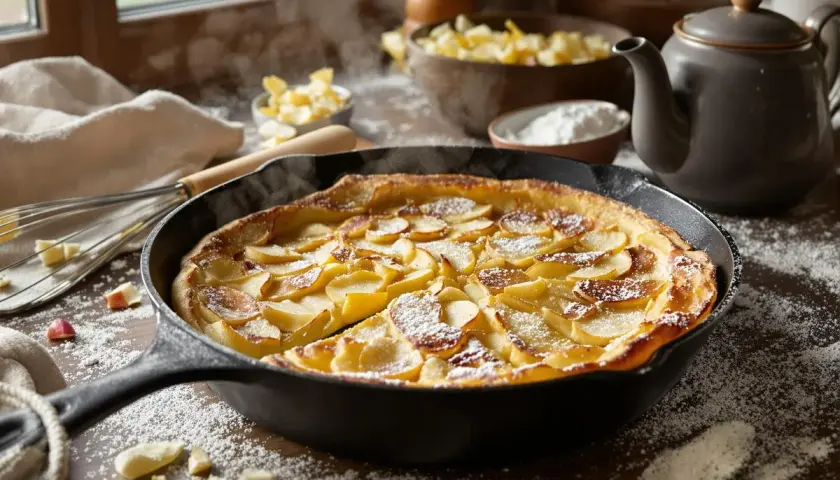 Un matefaim de grand-mère aux pommes, tout juste sorti du four, saupoudré de sucre glace. Une gourmandise réconfortante.