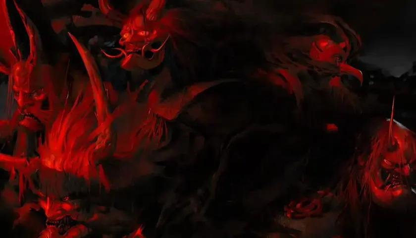 Mroczne, demoniczne maski w czerwonym świetle. Klimat niczym z Ghost of Tsushima tryb legend.