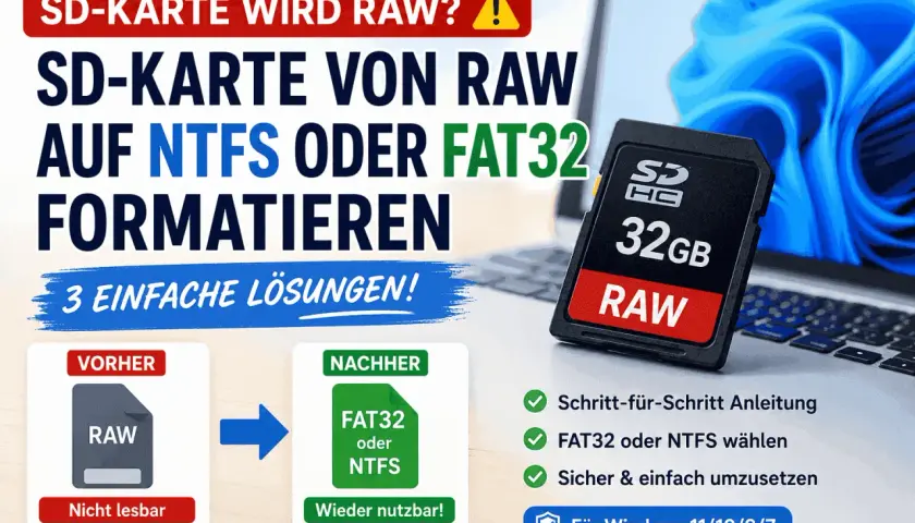 SD-Karte im RAW-Format? So formatieren Sie sie auf NTFS oder FAT32. Anleitung für Windows.