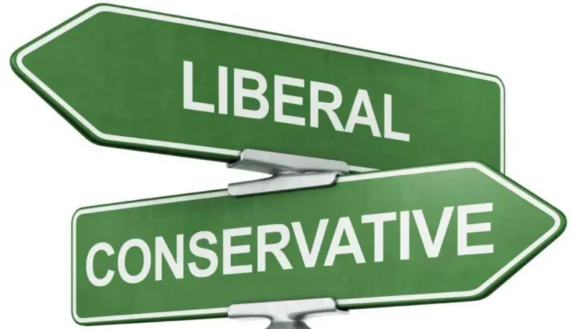 Dwa zielone znaki drogowe wskazujące kierunki: "LIBERAL" i "CONSERVATIVE". Wybór ścieżki wolności, czyli liberalizm.