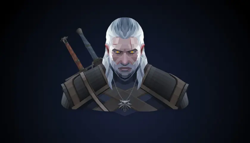 Geralt z Rivii, bohater pierwszej części Wiedźmina, z wilczym medalionem i dwoma mieczami na plecach, patrzy groźnie.