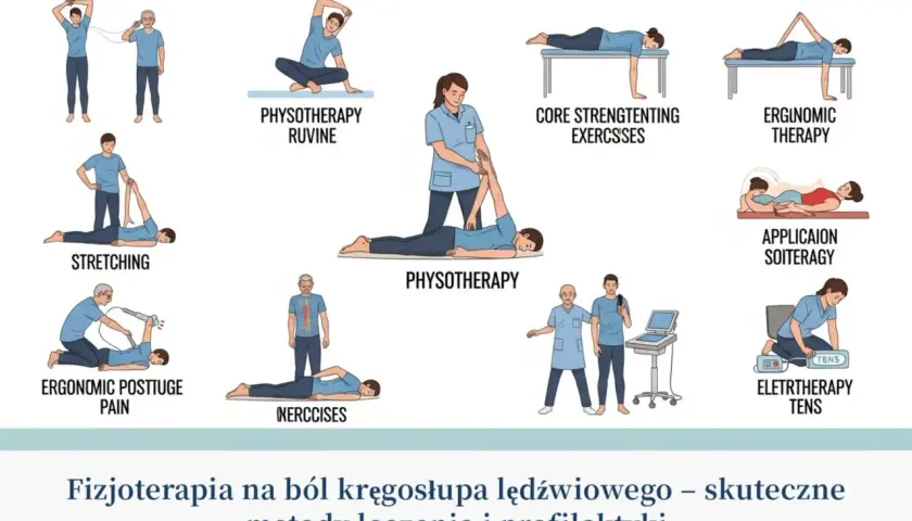 Ilustracje pokazują różne metody fizjoterapii, w tym ćwiczenia i zabiegi, pomocne po urazie kręgosłupa lędźwiowego po upadku.