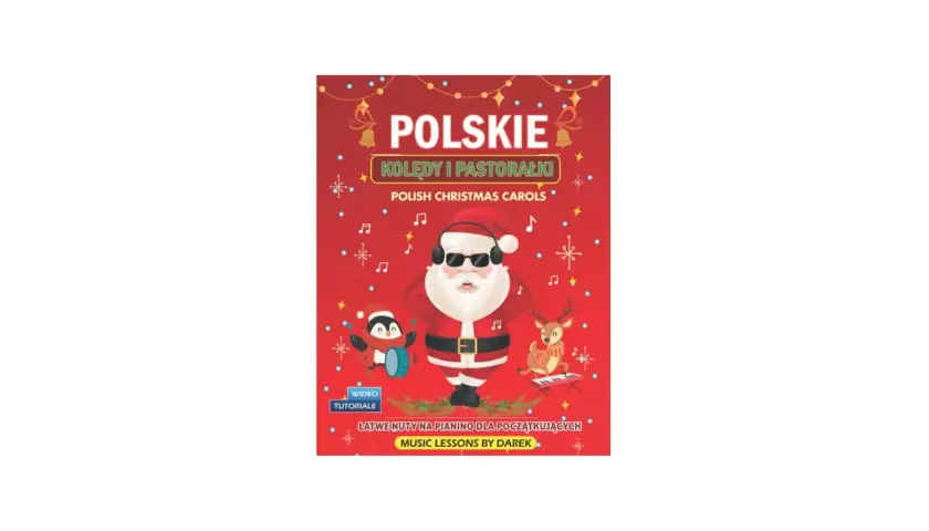 Okładka z Mikołajem, pingwinem i reniferem, promująca najpopularniejsze polskie kolędy i pastorałki na pianino dla początkujących.