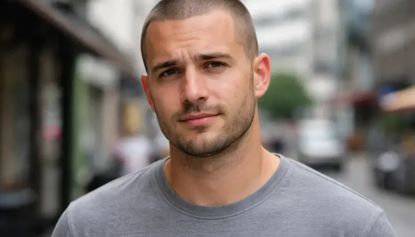 Hombre joven con buzz cut con entradas, barba corta y camiseta gris, mirando a la cámara en una calle urbana.