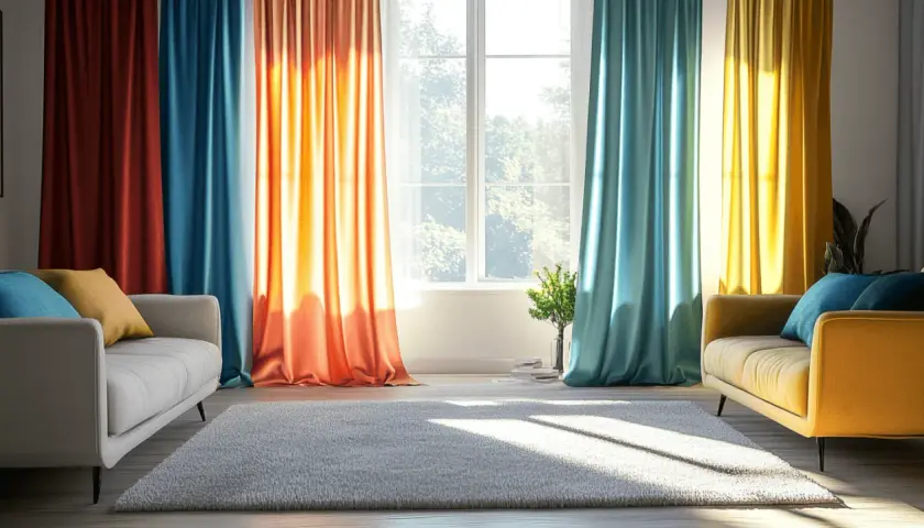 Moderne Gardinen in Rot, Blau, Orange und Gelb rahmen ein Fenster ein. Zwei Sofas und ein Teppich schaffen eine gemütliche Atmosphäre.