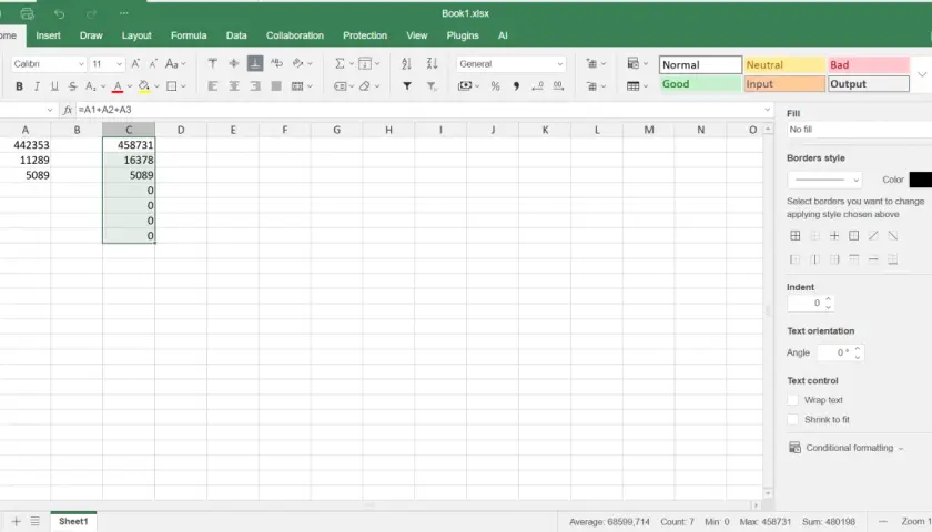 Schermata di Excel che mostra come copiare un file Excel. Celle con numeri e una formula visibile.