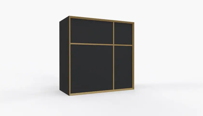 Ein moderner Vertiko mit dunklen Fronten und Holzrahmen. Dieses Möbelstück ist ein praktischer Blickfang.