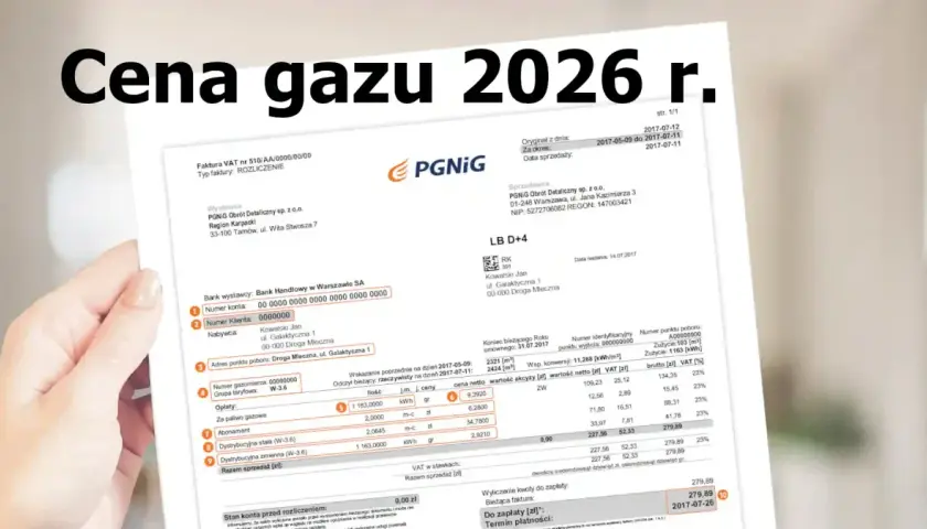 Faktura za gaz z 2026 r. pokazuje miesięczne zużycie gazu, podsumowując koszty i VAT.