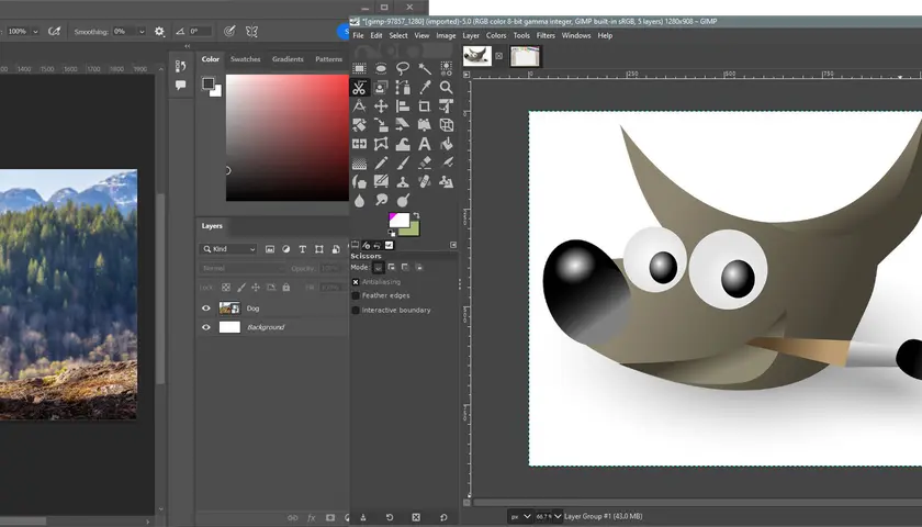 Porównanie interfejsów GIMP i Photoshop. Na ekranie widać zdjęcie psa w górach, a obok logo GIMP z pędzlem.