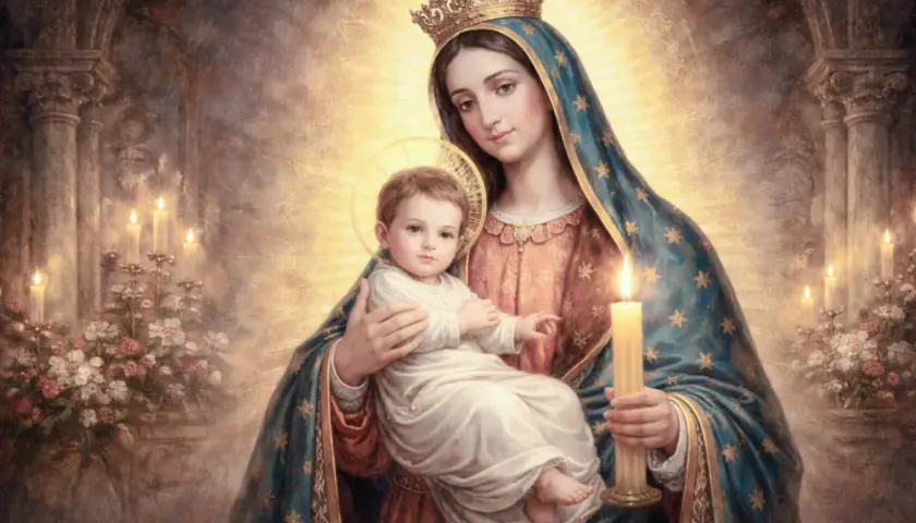 Virgen María con el Niño Jesús, coronada y rodeada de luz. Sostiene una vela, un verdadero santo de candela, en un ambiente de devoción.
