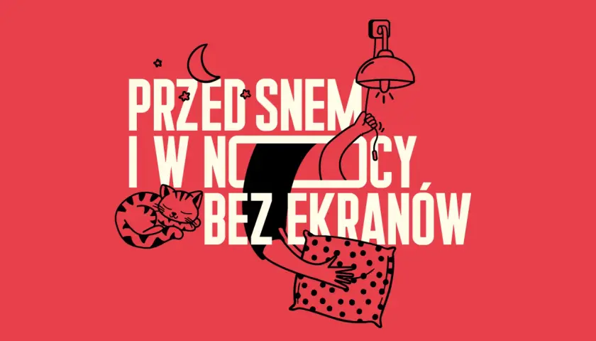 Śpiący kotek i poduszka, ręka gasi lampkę. Pomysły na challenge dla dzieci: przed snem i w nocy bez ekranów.