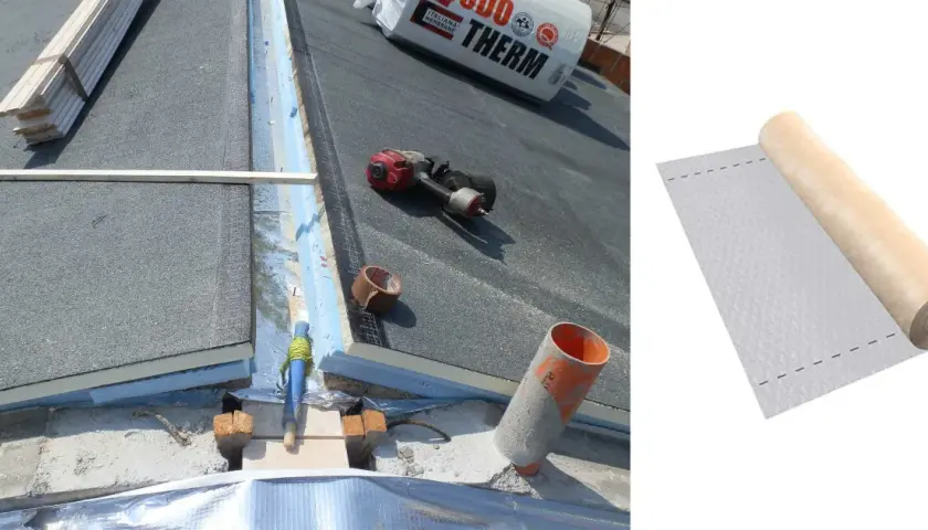 Installazione di una barriera al vapore su un tetto, con rotolo di materiale isolante pronto all'uso.