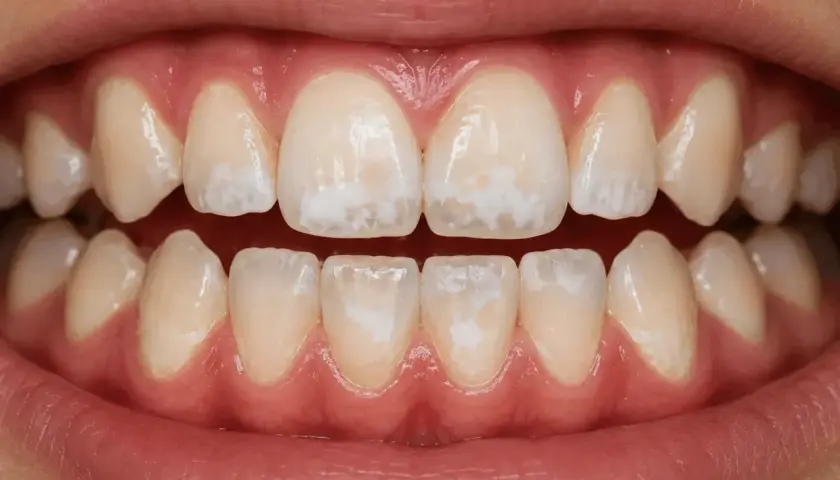 Dientes con manchas blancas y opacas, indicando esmalte dental dañado.