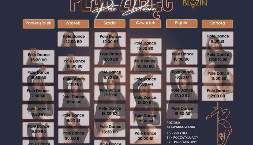 Grafika przedstawia plan zajęć pole dance w Blazin Dance Studio. Zajęcia odbywają się od poniedziałku do soboty, z podziałem na poziomy zaawansowania.