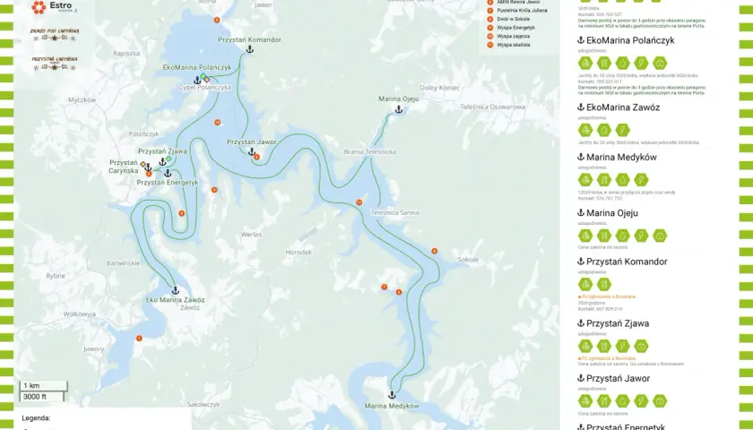 Mapa Bieszczad z zaznaczonym jeziorem Solińskim i portami żeglarskimi, takimi jak Przystań Caryńska i EkoMarina Polańczyk.