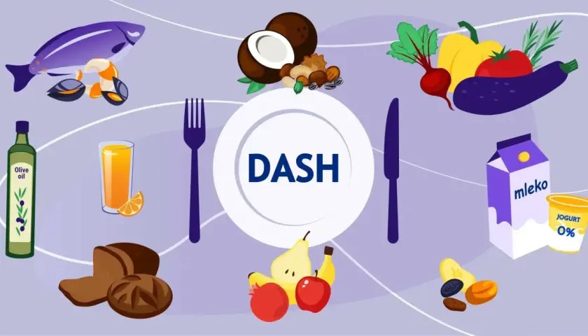 Dieta DASH to zdrowy sposób odżywiania, który pomaga obniżyć za duże ciśnienie w instalacji co. Na ilustracji ryba, warzywa, owoce, nabiał, orzechy i oliwa.