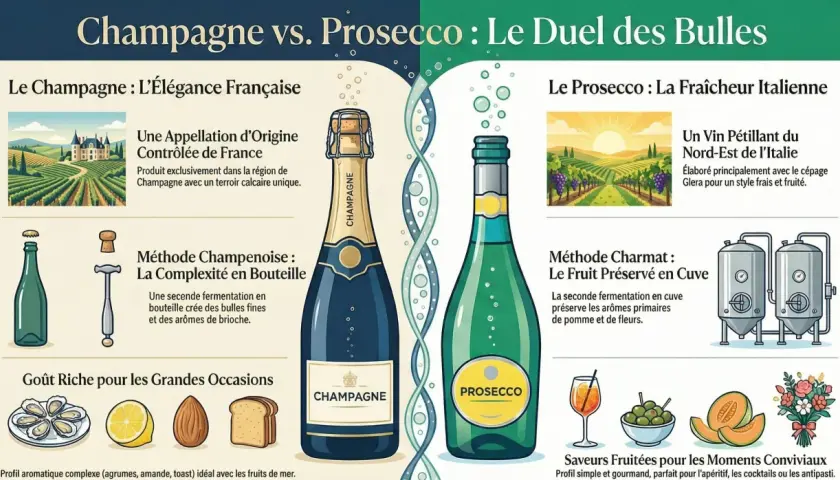 Champagne vs. Prosecco : duel de bulles. Le Champagne, élégance française, méthode champenoise. Le Prosecco, fraîcheur italienne, méthode Charmat.
