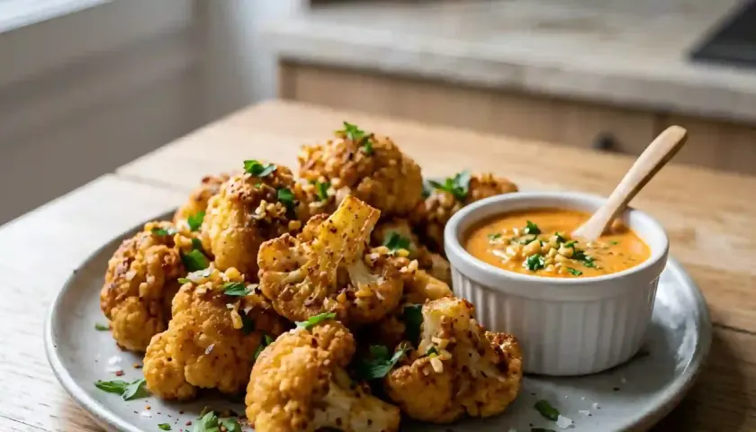 Chou fleur frit croustillant, parsemé d'herbes fraîches et servi avec une sauce crémeuse. Un délice à partager !