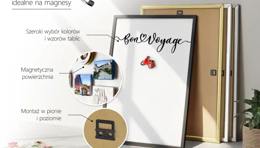 Elegancka tablica magnetyczna na ścianę z napisem "Bon Voyage", idealna do przechowywania wspomnień i zdjęć.