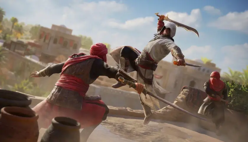 Assassin's Creed Mirage: uscita imminente! Un assassino in azione contro un nemico, spada contro spada, in un'ambientazione mediorientale.