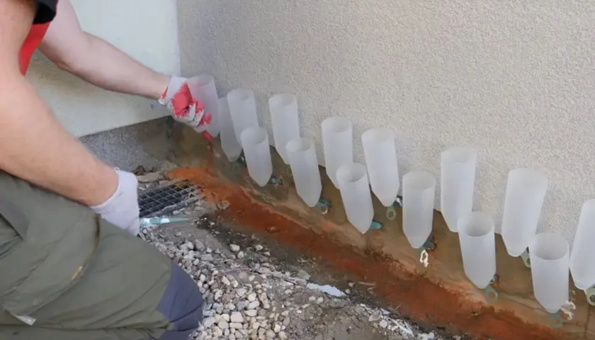 Pracownik w rękawiczkach montuje system do osuszania murów, umieszczając plastikowe rurki wzdłuż ściany.