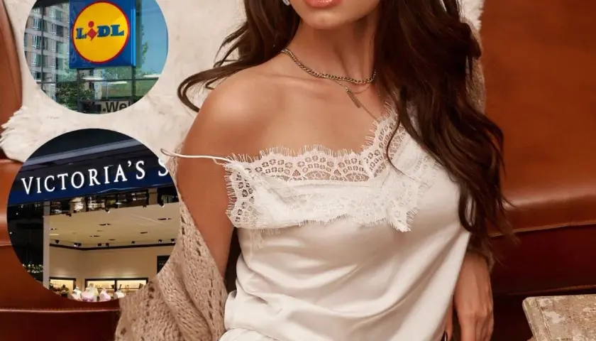 Kobieta w satynowej piżamie z koronką, obok loga Lidl i Victoria's Secret.