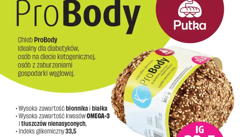 Chleb ProBody z niskim indeksem glikemicznym 33,5, bogaty w błonnik i białko, idealny dla diabetyków.
