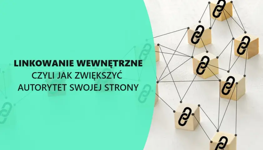 Drewniane klocki z ikonami łańcuchów połączone liniami, symbolizujące linkowanie stron i budowanie autorytetu.