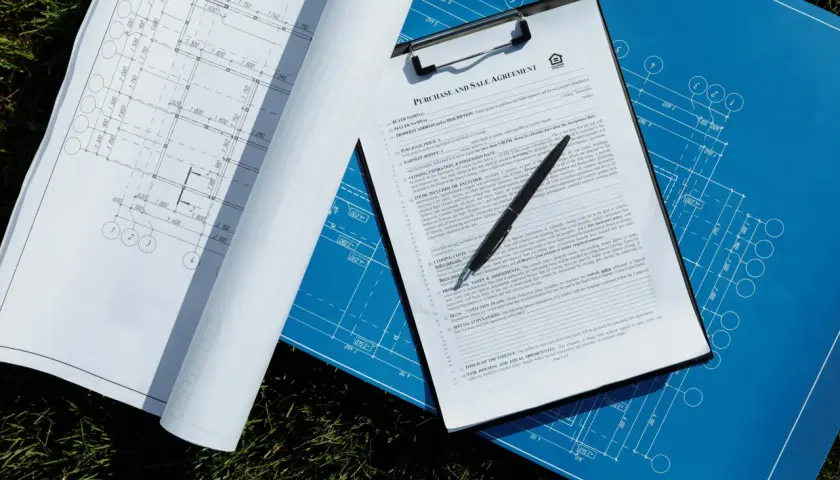 Prospekt informacyjny z umową kupna-sprzedaży nieruchomości i planami architektonicznymi.