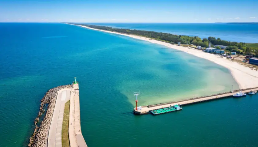 Władysławowo atrakcje: molo, latarnia morska i plaża w słoneczny dzień.