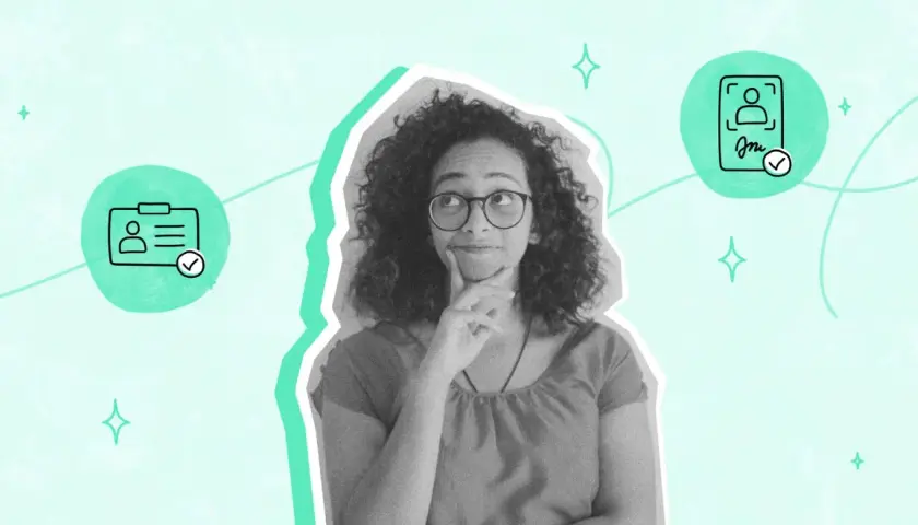 Mujer pensativa compara opciones de identificación: una tarjeta y una firma electrónica cualificada y avanzada.