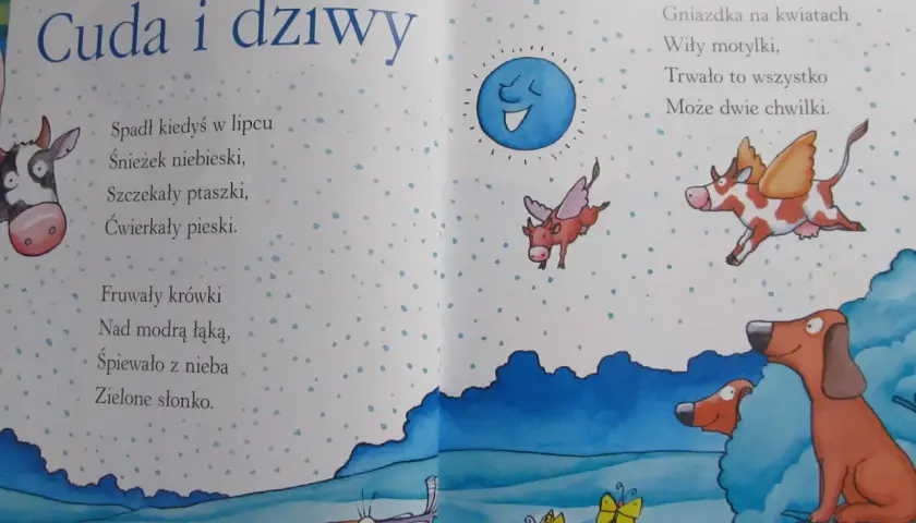 Ilustracja do krótkich wierszy dla dzieci Jana Brzechwy. Latające krówki, śmiejące się słonko i psy w krzakach.