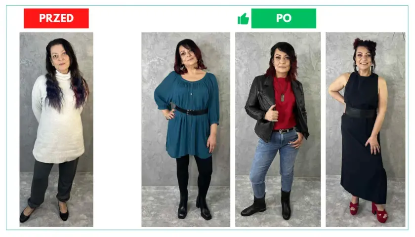 Kobieta o krępej budowie ciała prezentuje cztery stylizacje: luźny sweter i dresy, turkusową sukienkę z paskiem, ramoneskę z czerwoną bluzką i jeansy oraz czarną sukienkę maxi.