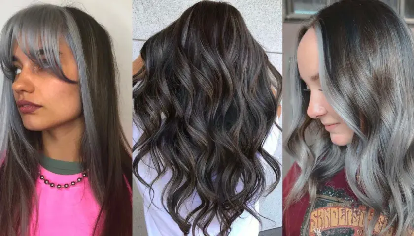 Peinados para disimular las canas: mechas plateadas y grises integradas en cabello oscuro, creando un look moderno y chic.