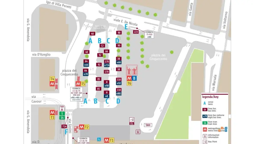 La mappa mostra quante uscite ha la stazione Termini, con fermate bus, metro e tram contrassegnate da lettere e numeri.