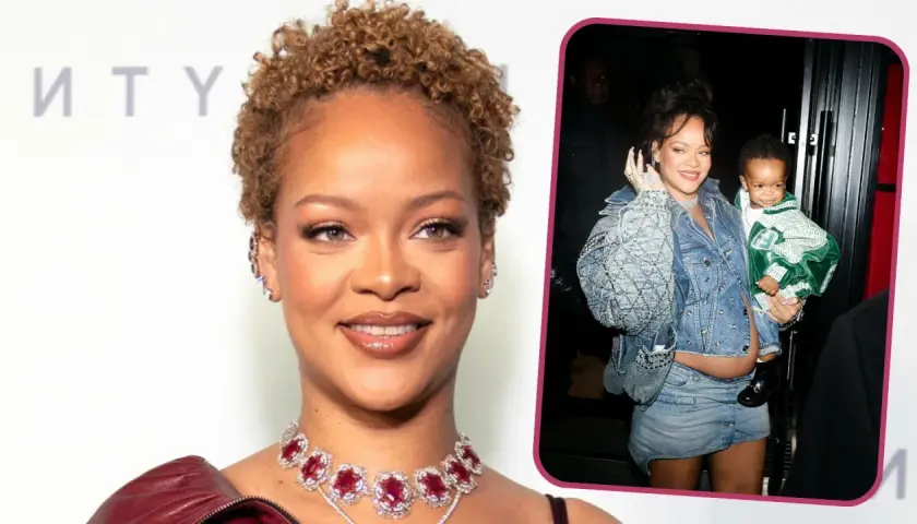 Rihanna w ciąży, uśmiechnięta, trzyma dziecko. Gwiazda w dżinsowej kurtce i spódniczce.