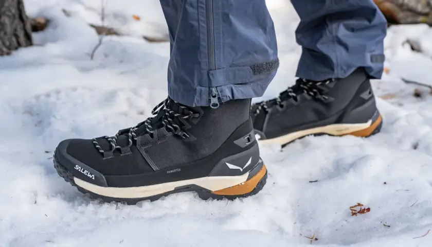 Choosing winter boots: These black Salewa boots with tan accents are perfect for snowy trails.